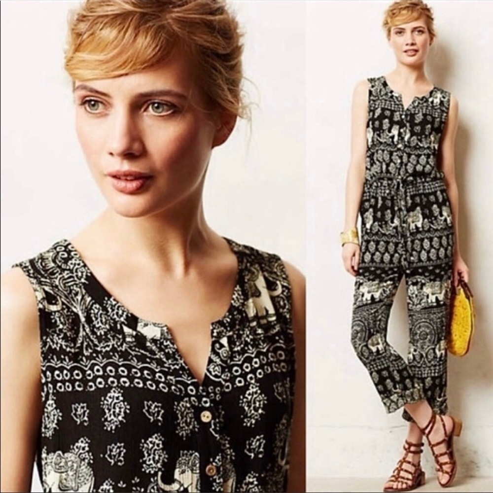 Anthropologie Lilka Jaipur Elephant Jumpsuit Black Ivory Sleeveless Sz XS